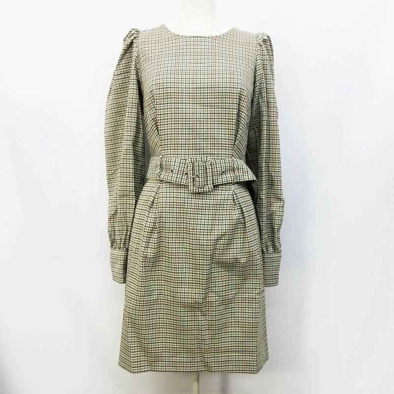 ザラ Zara ワンピース 長袖 ミニ丈 グレンチェック ウエストベルト ストレッチ Xs ベージュ系 レディース 064 ベクトルパーク