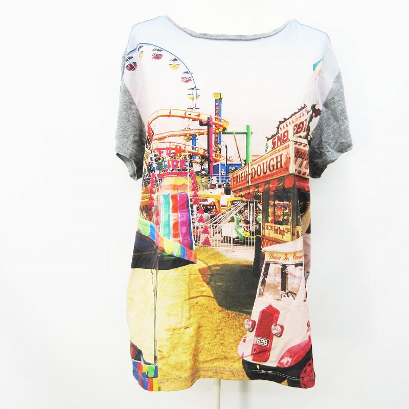 ポールスミス Paul Smith Ps Tシャツ カットソー 半袖 丸首 クルーネック 切替 遊園地柄 ストレッチ 大きいサイズ Xl 灰色 グレー系 マルチカラー レディース 064 ベクトルパーク