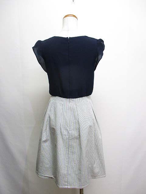 アプワイザーリッシェ Apuweiser Riche 半袖 切替え ドッキング ワンピース 1 ネイビー白 ひざ丈 シフォンブラウス レース フリルスリーブ ストライプ柄スカート リボン バックファスナー 裏地付き 日本製 レディース 065 ベクトルパーク