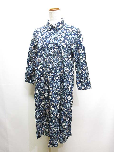 コンジェペイエ アデュートリステス Conges Payes Adieu Tristesse 花柄 シャツ ワンピース ネイビー 七分袖 ひざ丈 綿100 薄手 レディース 065 ベクトルパーク