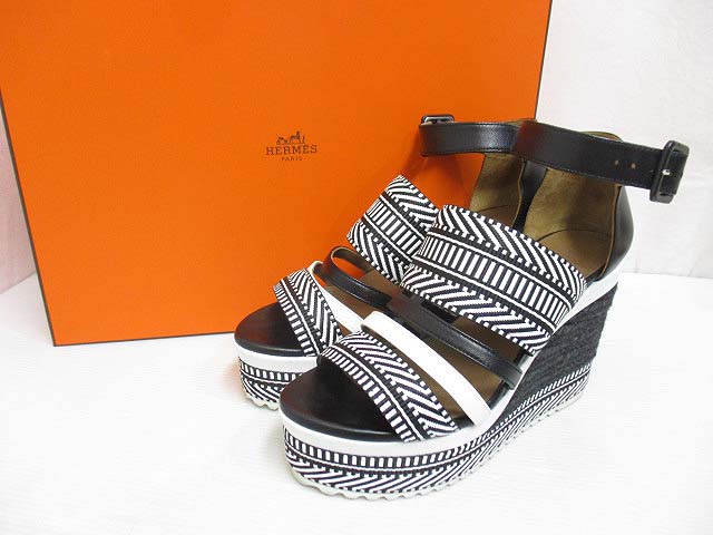 エルメス HERMES 美品 エスパドリーユ ローマ サンダル 36 黒 白  