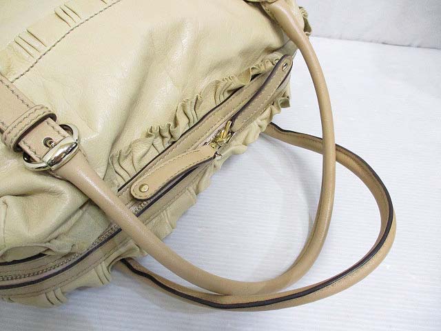 グッチ GUCCI 美品 189848 ハンド バッグ フリル レザー ベージュ 保存 
