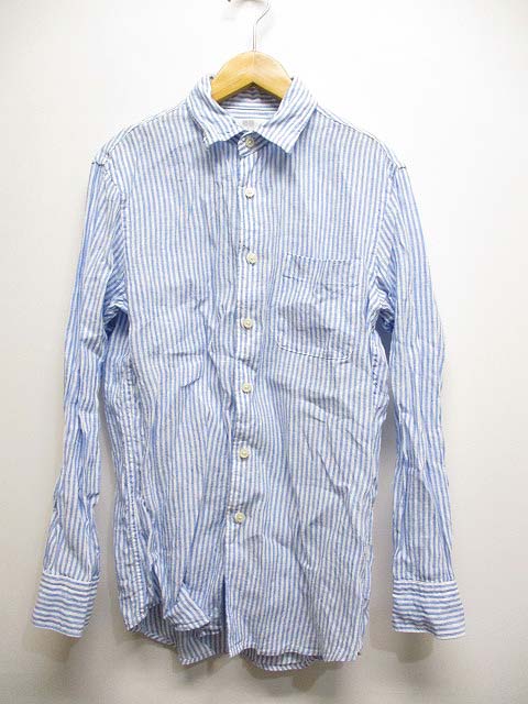 ユニクロ Uniqlo ストライプ柄 長袖 リネン シャツ S ブルー 麻100