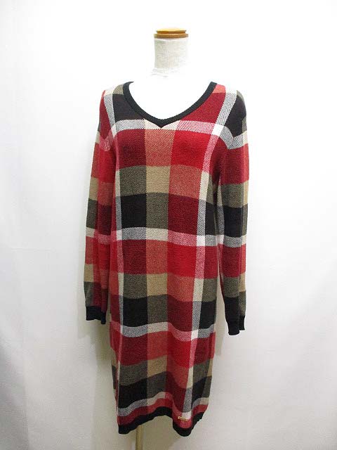 ブルーレーベルクレストブリッジ Blue Label Crestbridge チェック柄 長袖 ニット ワンピース 38 赤系 後ろレースアップ 裾ロゴプレート レディース 065 ベクトルパーク