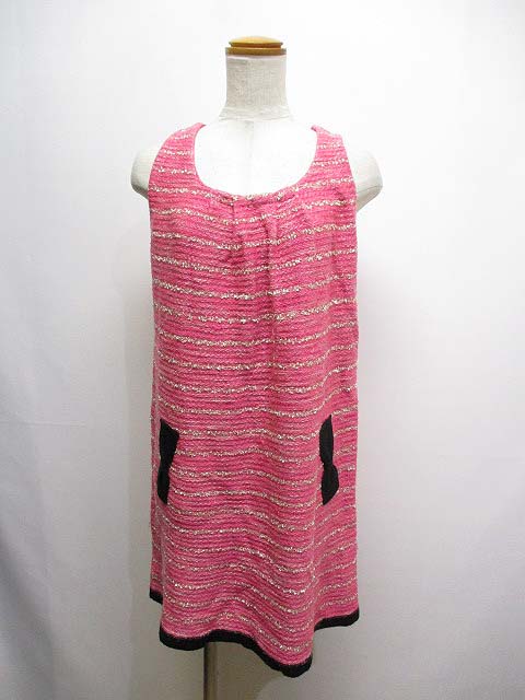 クイーンズコート Queens Court ラメ ボーダー柄 リボン ノースリーブ ニット ワンピース 2 ピンク レディース 065 ベクトルパーク