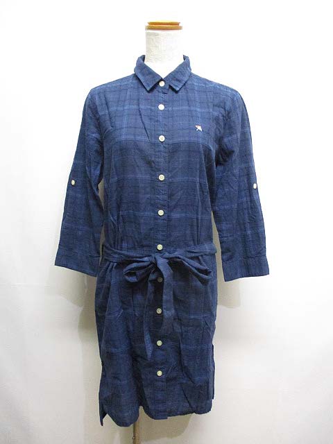 アーノルドパーマー Arnold Palmer チェック柄 七分袖 シャツ ワンピース 腰ひも付き 2 紺 ネイビー 薄手 コットン レディース 065 ベクトルパーク
