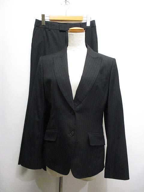 23区 オンワード樫山 パンツ スーツ セットアップ ストライプ柄 40 38 黒 ブラック テーラードジャケット スラックス 裏地付き レディース 065 ベクトルパーク