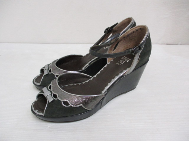 アナスイ Anna Sui 美品 セパレート パンプス スエード レザー リボン ウエッジソール M 黒 シルバー 靴 シューズ 箱付き 日本製 レディース 065 ベクトルパーク