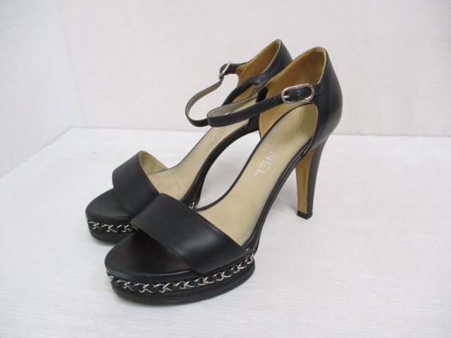 シャネル CHANEL レザー サンダル チェーンストーム 38C 黒