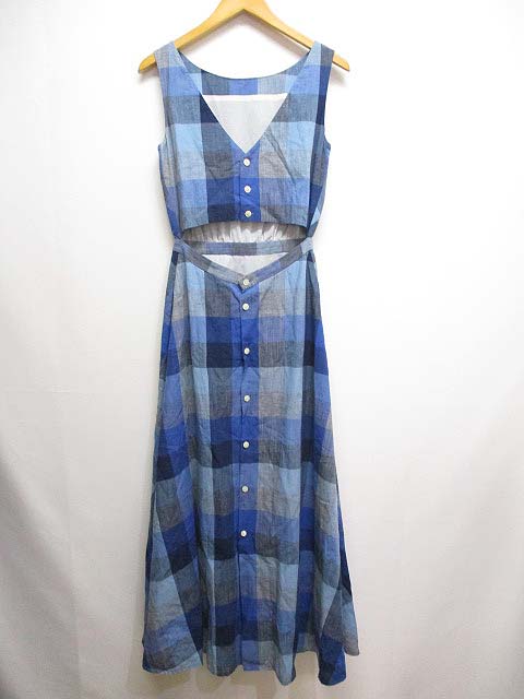 ベッド ブレックファスト Bed Breakfast 美品 チェック柄 ノースリーブ マキシ ワンピース S ブルー 綿コットン 麻リネン 背中開き 裏地付き 日本製 レディース 065 ベクトルパーク