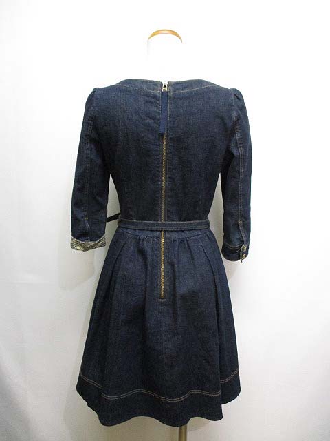 バーバリーブルーレーベル Burberry Blue Label 七分袖 デニム ワンピース ベルト付き 36 インディゴ 折り返しノバチェック柄 ストレッチ 正規 レディース 065 ベクトルパーク