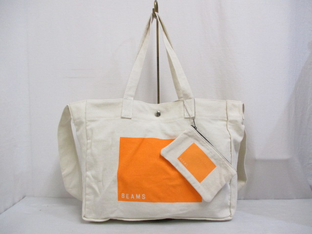 ビームス Beams キャンバス ショルダー トート バッグ アイボリー オレンジ ミニポーチ付き メンズ レディース 065 ベクトルパーク