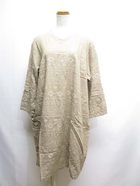 シンプルライフ Simple Life 美品 ネイティヴ柄 長袖 ワンピース 15 大きいサイズ ベージュ コットン レディース 065 ベクトルパーク