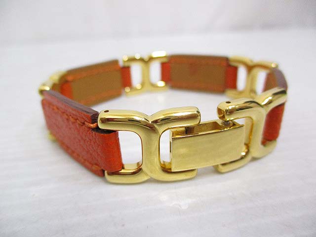 エルメス HERMES 美品 レザー Hロゴ 金具 ブレスレット バングル 茶 