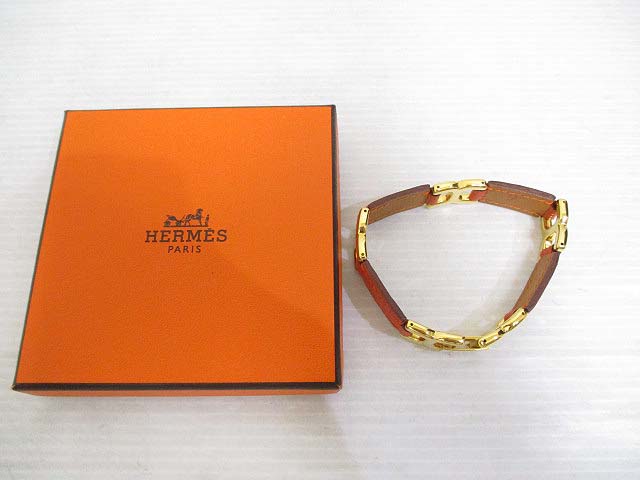 エルメス HERMES 美品 レザー Hロゴ 金具 ブレスレット バングル 茶 