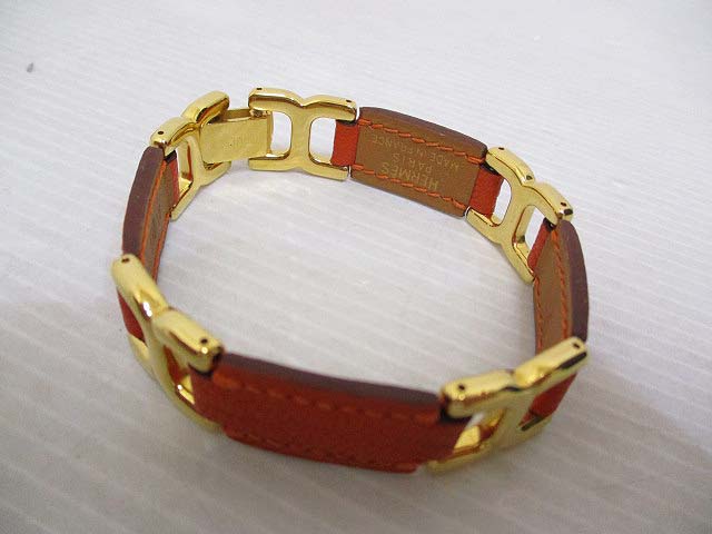 エルメス HERMES 美品 レザー Hロゴ 金具 ブレスレット バングル 茶 