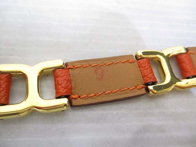 エルメス HERMES 美品 レザー Hロゴ 金具 ブレスレット バングル 茶 