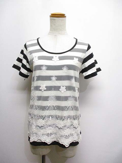 アースミュージック エコロジー Earth Music Ecology 刺繍チュールレース ドッキング 半袖 ボーダー Tシャツ M 白x黒 カットソー レディース 065 ベクトルパーク
