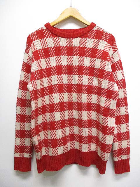 サノバチーズ Son Of The Cheese チェック柄 ウール100 クルーネック ニット セーター M 赤xアイボリー メンズ 065 ベクトルパーク