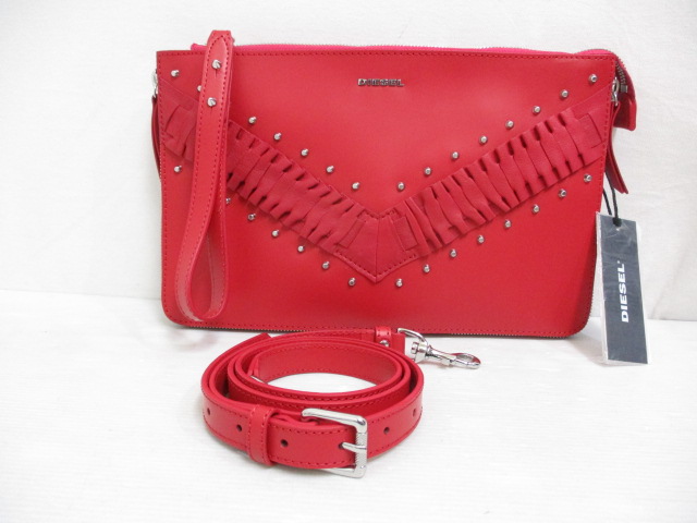 未使用品 ディーゼル Diesel 2way ショルダー クラッチ バッグ X 赤 レッド レザー スタッズ装飾 保存袋 タグ付き メンズ レディース 065 ベクトルパーク
