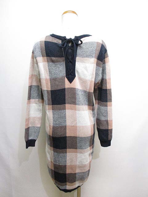 福袋セール ブロックチェック柄 Crestbridge Label Blue ブルーレーベルクレストブリッジ ニット レディース 後ろレースアップ ネイビー ピンク 38 ワンピース ワンピース Backtohealthwoodbury Com