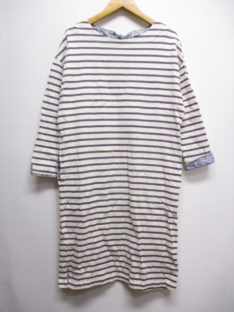 アフタヌーンティー Afternoon Tea ボーダー柄 コットン ワンピース Mr 白 ホワイト 紫 パープル 長袖 バックリボン レディース 065 2292 ベクトルパーク