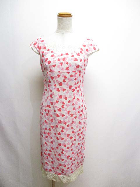 未使用品 ピンキーガールズ Pinky Girls フレンチスリーブ シフォン ワンピース ハート柄 M オフホワイト レース スリット 裏地付き 日本製 タグ付き レディース 065 ベクトルパーク