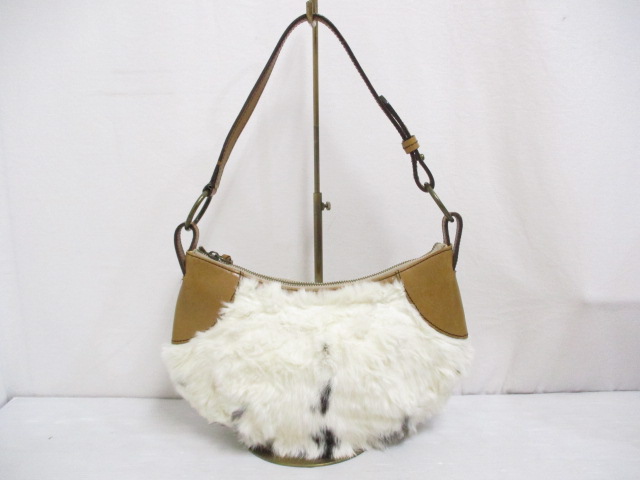 サザビー Sazaby ファー レザー ワンショルダー ハンド バッグ 白 茶 ブラウン 裏地付き 保存袋付き レディース 065 ベクトルパーク