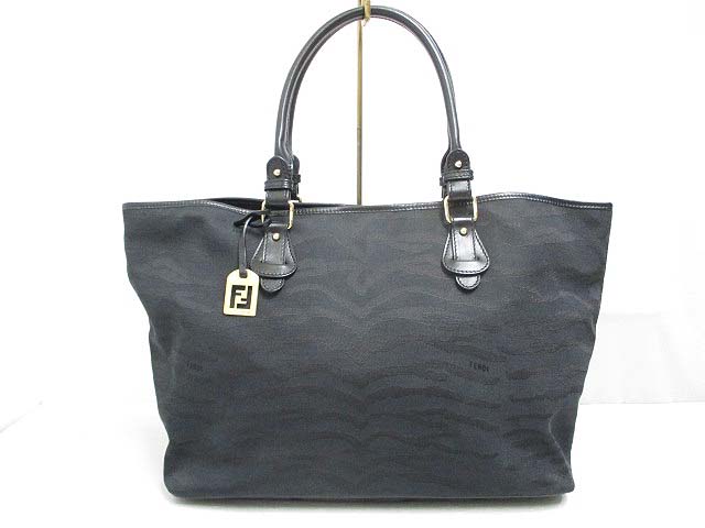 フェンディ FENDI 美品 ゼブラ柄 トート バッグ キャンバス レザー 黒 