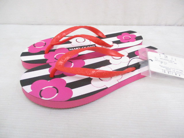 未使用品 マリークワント Mary Quant デイジー ビーチ サンダル 23 24cm相当 ピンク ビーザン 花柄 ストライプ タグ付き レディース 065 ベクトルパーク