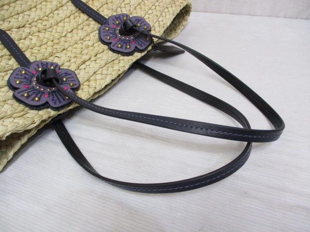 美品COACH コーチ 68610 ラフィアトートバッグ ピンク フラワー