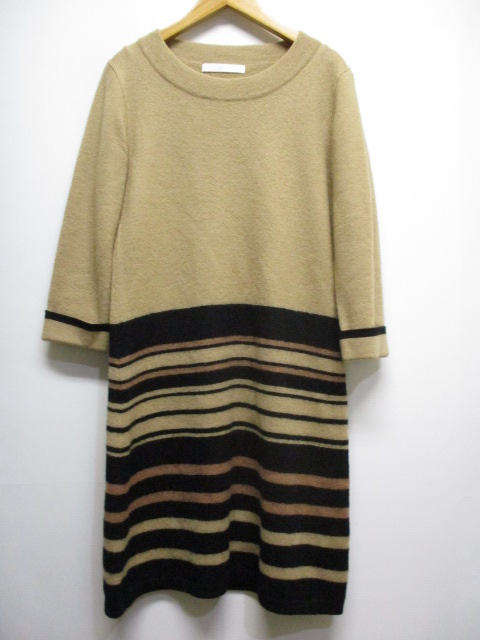 スタイルコム Style Com 東京スタイル ウール ニット ワンピース 9 茶 ブラウン 七分袖 ボーダー柄 ひざ丈 レディース 065 ベクトルパーク