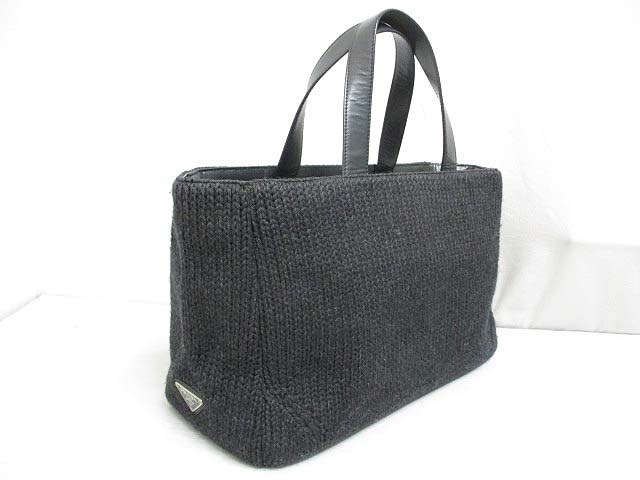 プラダ PRADA B8385 ニット カーフレザー トート バッグ ダークグレー 