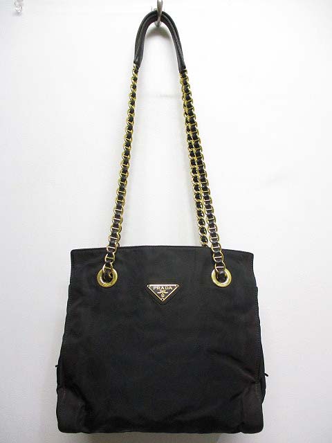 プラダ PRADA ナイロン チェーン ショルダー バッグ 黒 ブラック 