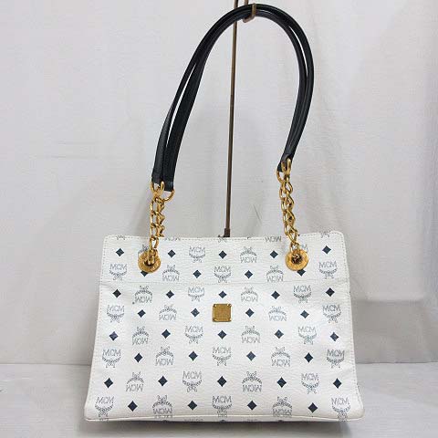 エムシーエム MCM ロゴ レザー チェーン ショルダー トート バッグ 白  