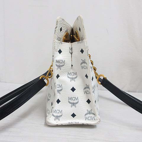 エムシーエム MCM ロゴ レザー チェーン ショルダー トート バッグ 白  