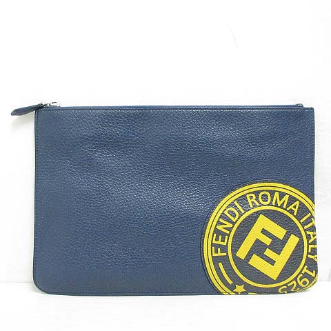 フェンディ FENDI レザー クラッチ セカンド バッグ ネイビー 紺 裏地 
