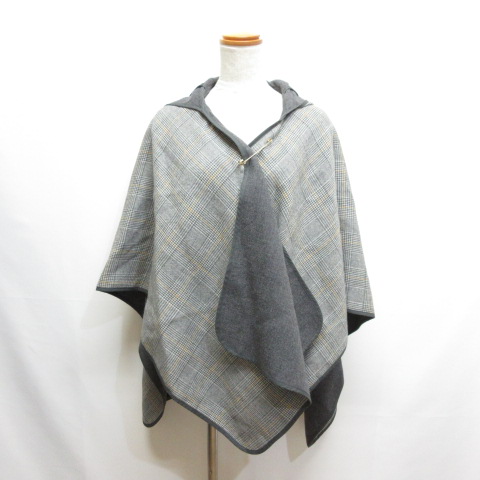 自由区 オンワード樫山 フード付き チェック柄 ケープ ポンチョ F