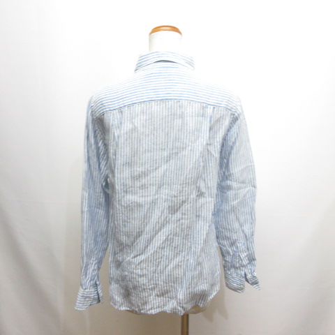 76367 ユニクロ 麻100％長袖シャツ 白×水色ストライプ サイズL