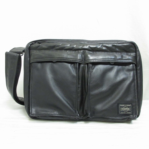 ポーター PORTER 美品 タンカー レザー ショルダー バッグ 黒 ブラック  