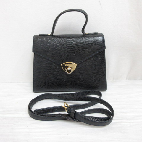 ウンガロ UNGARO 本革 レザー 2WAY ショルダー ハンド バッグ 黒