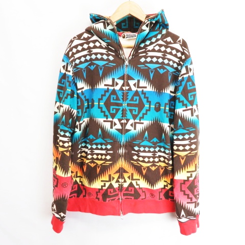 アベイシングエイプ A Bathing Ape ネイティブ柄 ジップアップ パーカー 青 茶ベース L メンズ 066 ベクトルパーク