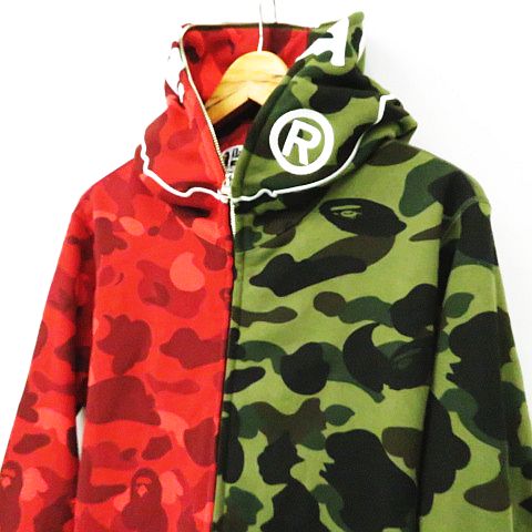 アベイシングエイプ A BATHING APE HALF&HALF ジップアップ フーディー BAPE レッドカモフラージュ ジップアップフーディ