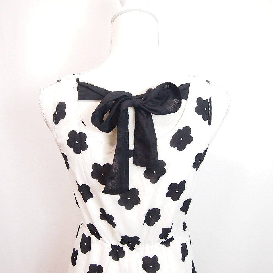 レトロガール Retro Girl ワンピース ノースリーブ ミニ 花柄 リボン M 白 黒 レディース 066 ベクトルパーク