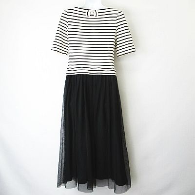 フランシュリッペ Franche Lippee ドッキング ボーダー チュール ワンピース リボン装飾 黒 オフホワイト M レディース 066 ベクトルパーク