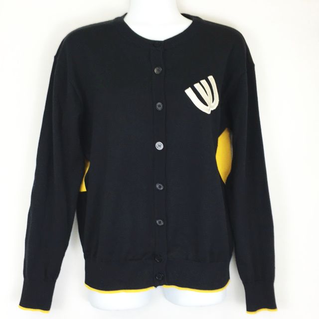 エムユースポーツ M U Sports ロゴ 犬 ドッグ 刺繍 ニット カーディガン 長袖 ゴルフウェア 配色 黒 黄色 ブラック イエロー レディース 066 ベクトルパーク