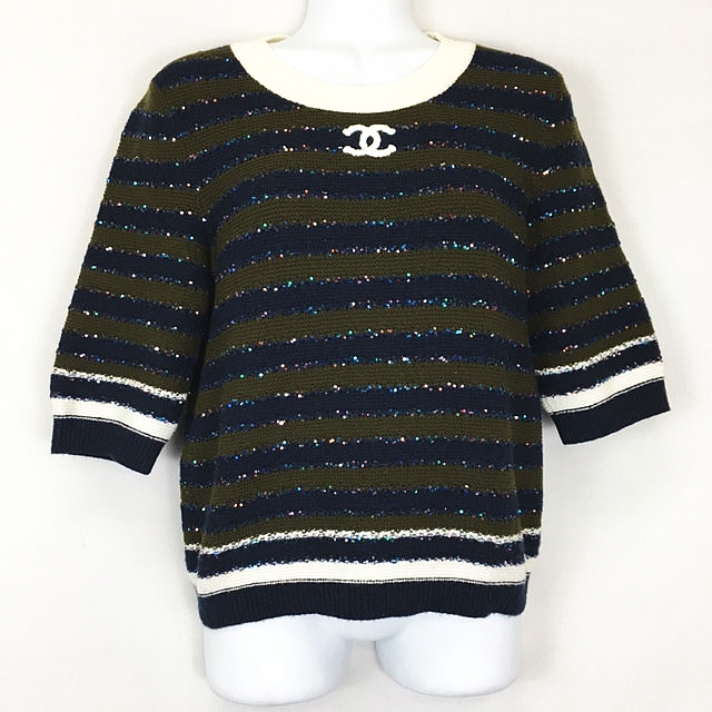シャネル CHANEL カシミヤ混 ボーダー スパンコール 5分袖 クルー  