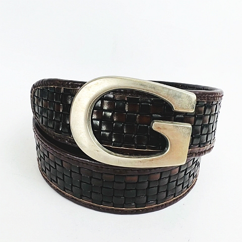 グッチ GUCCI Gロゴ バックル 編み込み レザー ベルト 036 194 0956 茶 