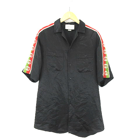 グッチ GUCCI ロゴテープ オープンカラー 半袖シャツ黒ブラック44  