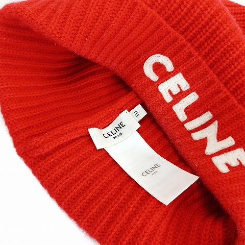 セリーヌ CELINE ウール ロゴ ビーニー ニット帽 TU 赤 レッド 帽子